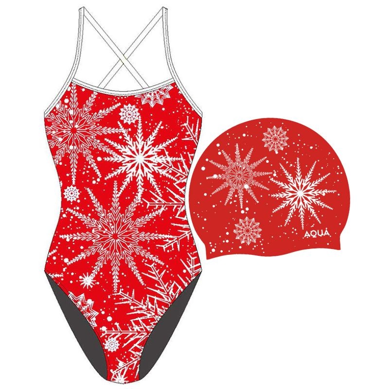AQUA - Xmas Red Women One Piece & Swim Hat Bundle