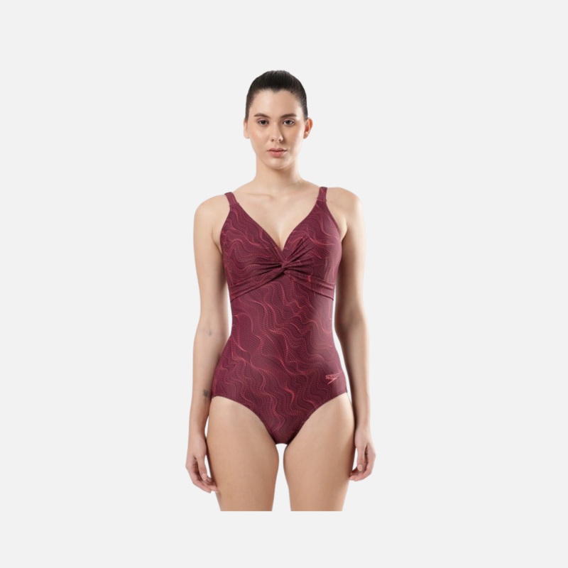 Speedo Allover Print Brigitte 1Pc Women's Swimdress -Deep Plum/Cherry/Rose