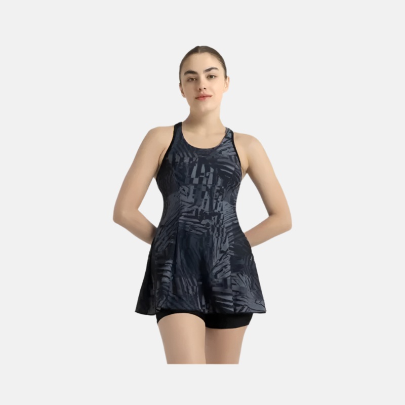 Speedo Endurance 10 Printed Racerback Women's Swimdress With Boyleg -Anthracite/Grey Lead/Black
