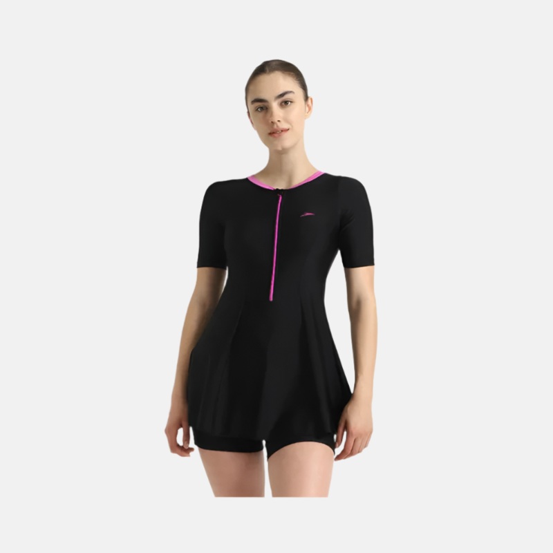Speedo Endurance10 Closedback Sleeved Women's Swimdress With Boyleg -Black/Neon Violet