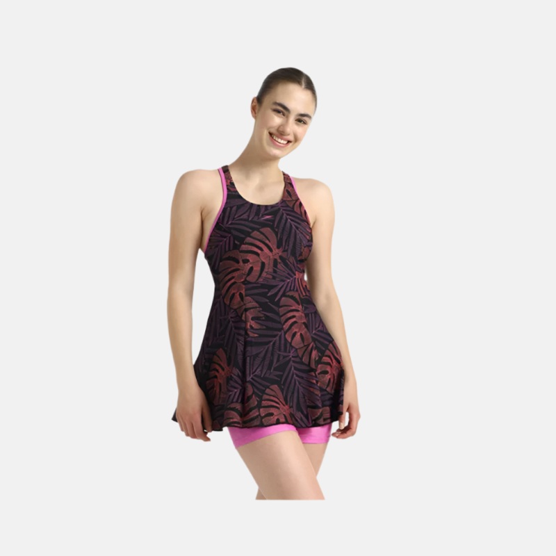 Speedo Endurance10 Printed Racerback Women's Swimdress With Boyleg -Antracite/Amber Wave/Neon Violet