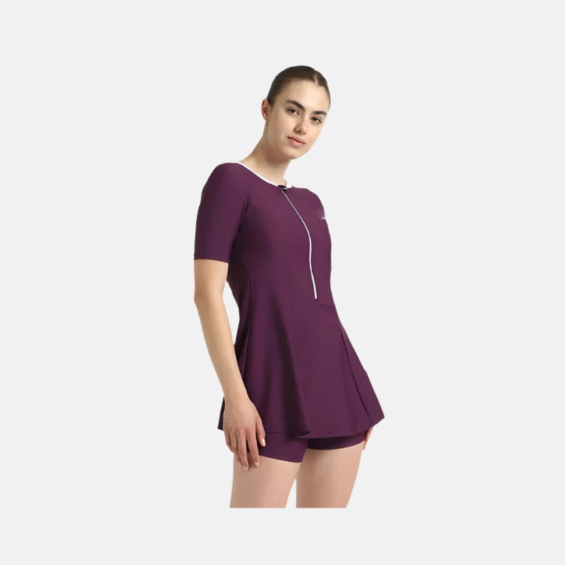 Speedo Enduraflex Closedback Sleeved Women's Swimdress With Boyleg - Plum Dandy/Lilac Breeze