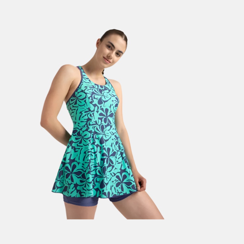 Speedo Endurance10 Printed Racerback Women's Swimdress With Boyleg -Hapuna Blue/Arctic Glass