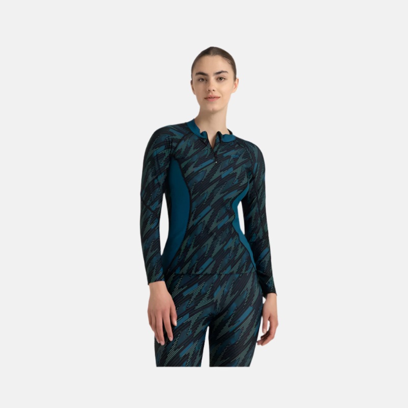 Speedo Hyperboom Print Long Sleeve Women's Suntop - Black/Dark Teal/Arctic Glass